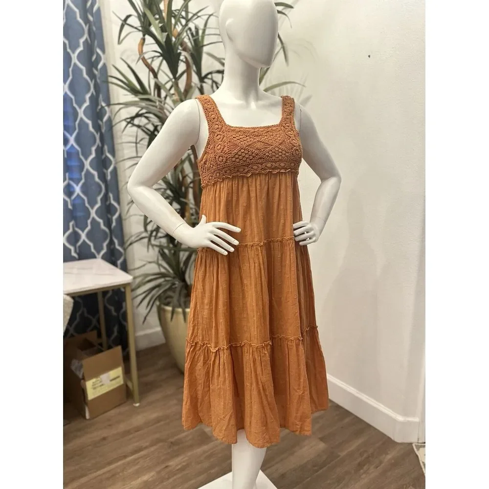 Lush Crochet Dress Women Sz S 4/6 Tiered Midi Ruffle‎ Trim Flowy Feminine Orange